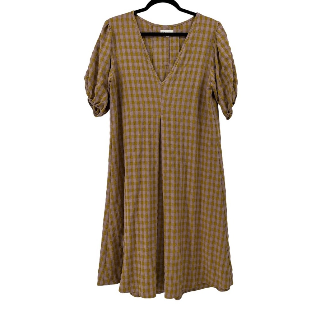 Reminiscence Gingham Puff Sleeve V-Neck Shift Dress Mustard Pink Medium